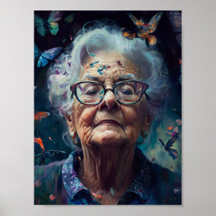 Póster Mujer Anciana Con Mariposas
