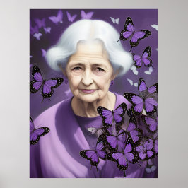Póster Mujer Anciana Con Mariposas Púrpura