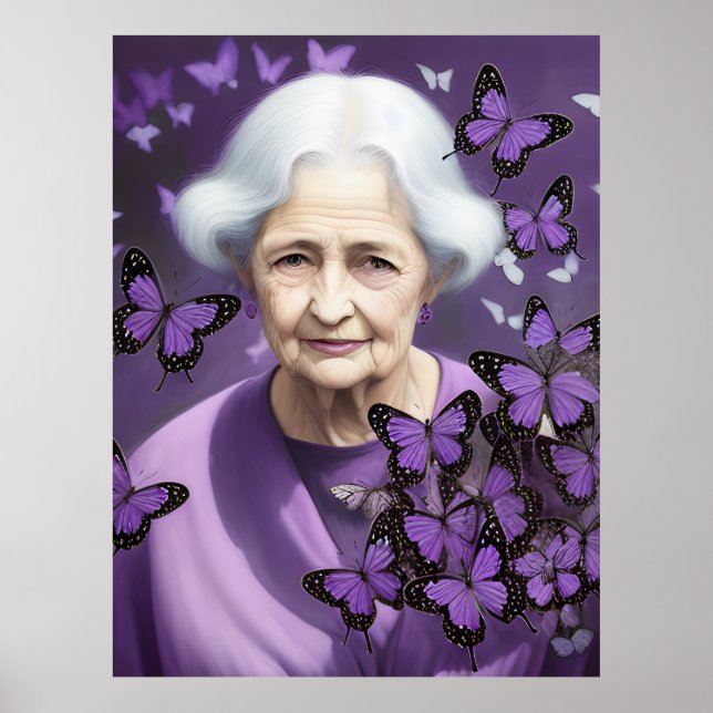 Póster Mujer Anciana Con Mariposas Púrpura (Frente)