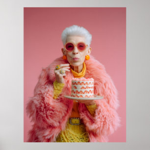 Póster Mujer anciana elegante comiendo pastel con moda ro