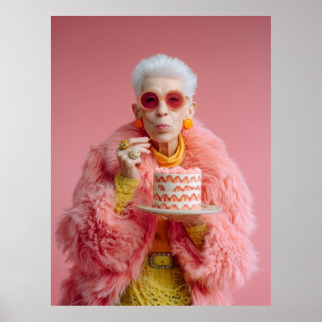 Póster Mujer anciana elegante comiendo pastel con moda ro (Frente)