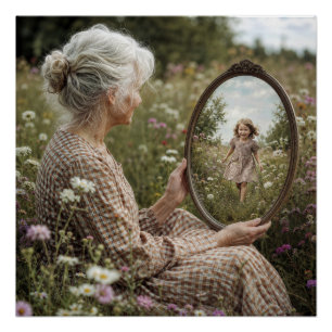 Póster Mujer anciana viendo a su yo más joven en el espej
