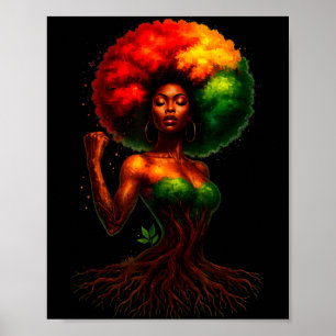 Póster Mujer árbol afro reina negra raíces de melanina or