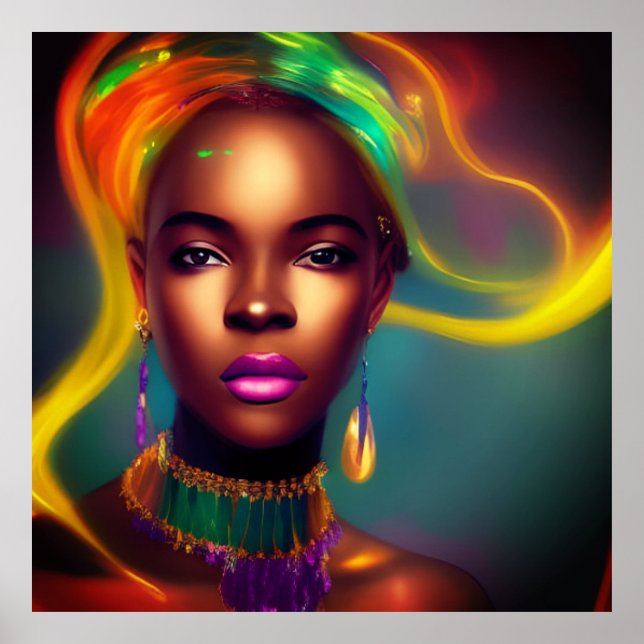 Póster Mujer arcoíris africana mágica colorida (Frente)