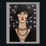 Póster Mujer Art Deco<br><div class="desc">Pintura acrílica original de un retrato estilizado y hermoso de una mujer de la era del arte deco. Una mujer totalmente elegante vestida de negro,  con un gorra negro y un collar de muchas capas. El fondo floral realza el retrato.</div>