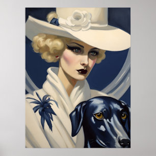 Póster Mujer Art Deco en blanco con perro negro, era Gats