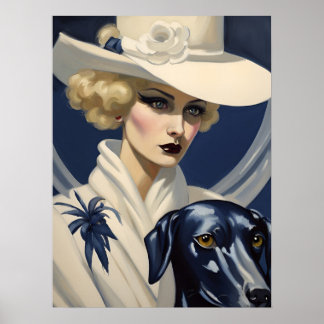 Póster Mujer Art Deco en blanco con perro negro, era Gats
