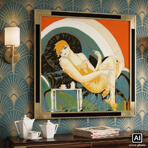 Póster Mujer Art Déco Vintage Recostada en Sofá, Chompre