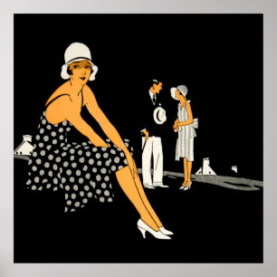 Póster Mujer Art Deco zapata polka dot negro