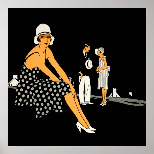 Póster Mujer Art Deco zapata polka dot negro (Frente)