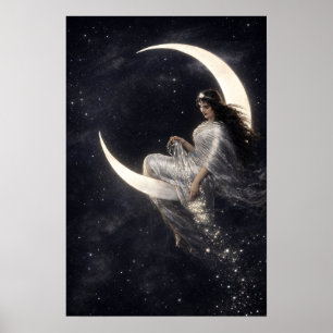 Póster Mujer Art Nouveau Celestial en Luna Creciente