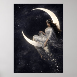 Póster Mujer Art Nouveau Celestial en Luna Creciente