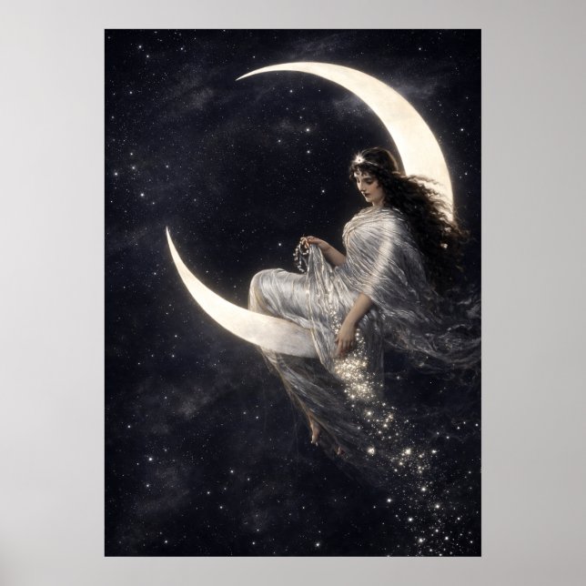 Póster Mujer Art Nouveau Celestial en Luna Creciente (Frente)