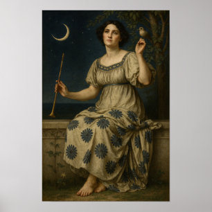 Póster Mujer Art Nouveau con clarinete y luna creciente