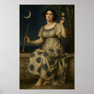 Póster Mujer Art Nouveau con clarinete y luna creciente