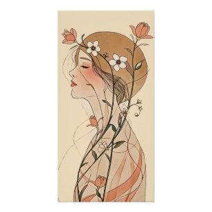 Póster Mujer Art Nouveau con flores de primavera