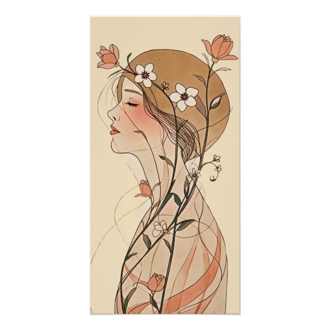 Póster Mujer Art Nouveau con flores de primavera  (Anverso)