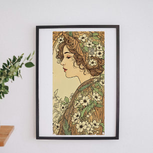 Póster Mujer Art Nouveau con flores de primavera