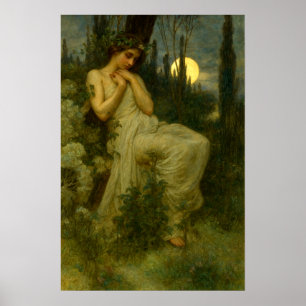 Póster Mujer Art Nouveau en jardín bajo una luna de junio