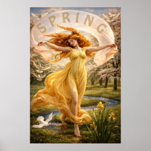 Póster Mujer Art Nouveau en un prado florido