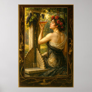 Póster Mujer Art Nouveau en viñedo con vino