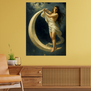 Póster Mujer Art Nouveau montando en una luna creciente
