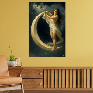 Póster Mujer Art Nouveau montando en una luna creciente