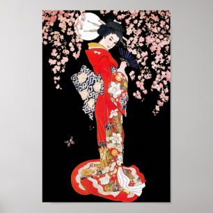 Póster Mujer asiática con noche de flores de cerezo