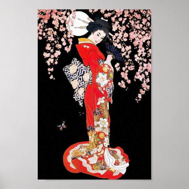 Póster Mujer asiática con noche de flores de cerezo (Frente)