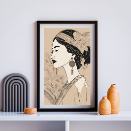 Póster Mujer asiática elegante: línea minimalista botánic
