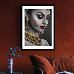Póster Mujer asiática india hermosa joyas negras blancas 