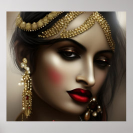 Póster Mujer asiática india Red Lips glamuroso de oro