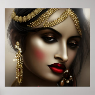 Póster Mujer asiática india Red Lips glamuroso de oro