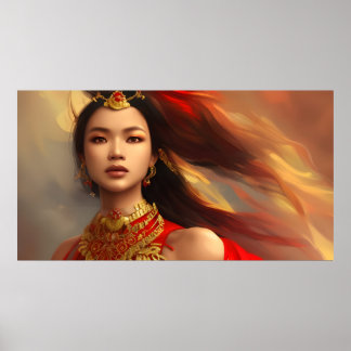 Póster Mujer asiática indonesia hermosa rojo oro