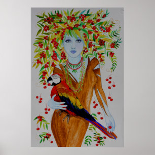 Póster Mujer azul del cerezo