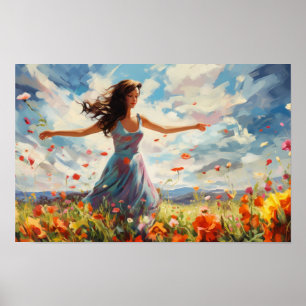 Póster Mujer Bailando Alegre En Un Campo De Flores Silves