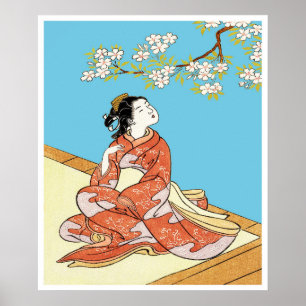 Póster Mujer bajo flores de cerezo