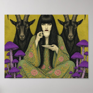 Póster Mujer Bebe Té Con Dos Cabras Negras