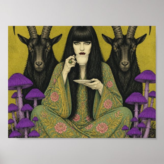 Póster Mujer Bebe Té Con Dos Cabras Negras (Frente)