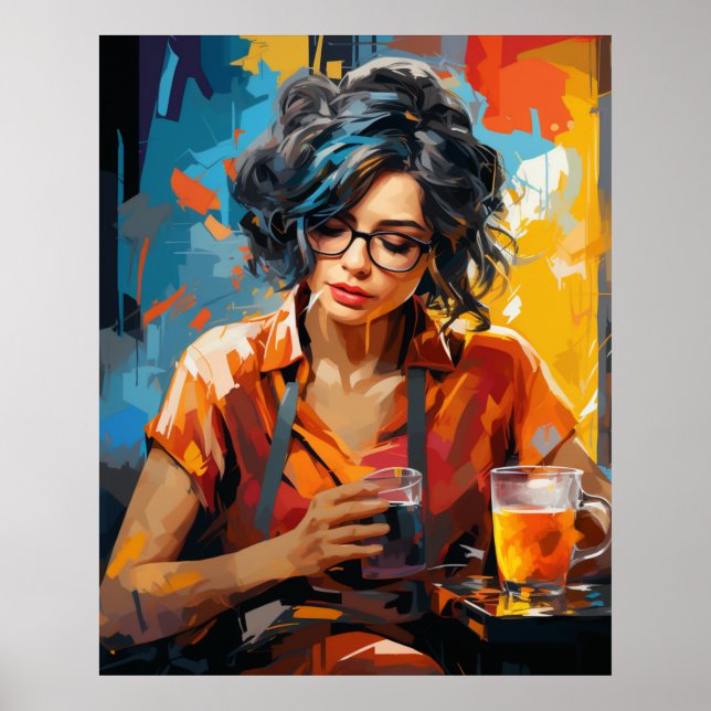 Póster Mujer bebiendo café (Frente)