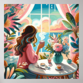 Póster mujer bebiendo café