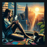 Póster Mujer bebiendo café al amanecer en la ciudad<br><div class="desc">Mujer de arte pop estilo libro de historietas de bonito mirando por la ventana de su ciudad tomando café,  viendo la puesta de sol con su gato.</div>