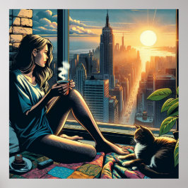 Póster Mujer bebiendo café al amanecer en la ciudad