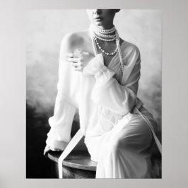 Póster Mujer blanca y negra vintage con perlas