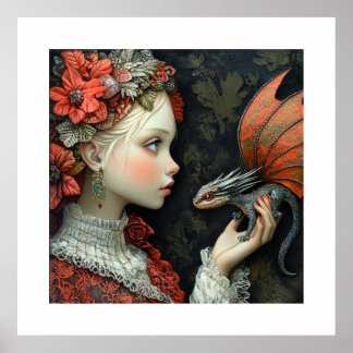 Póster Mujer bohemia con un pequeño dragón en su mano