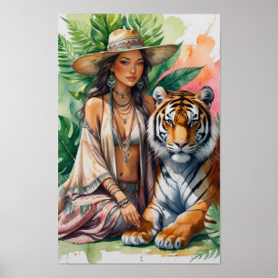 Póster Mujer boho serena y hermosa y su tigre