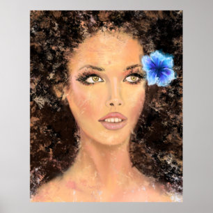 Póster Mujer bonito con flores azules - Pintura original