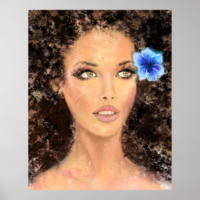 Póster Mujer bonito con flores azules - Pintura original (Frente)