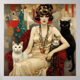 Póster Mujer Bonito Vintage Con Gatos Cubiertos