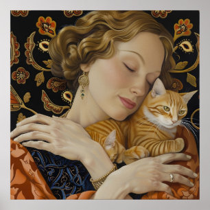 Póster Mujer Bonito Vintage Con Gatos Rojos Cubiertos